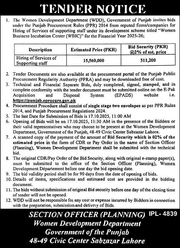 The Women Development Department Tender Notice